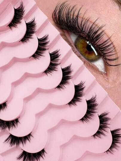 10 pcs Natural Half-Piece Cat Eye Transparent Band False Eyelashes,